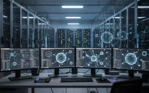 Moderne Serverräume in einem Rechenzentrum mit leuchtenden Racks und Arbeitsplätzen für die KI-Entwicklung. - Foto: über boerse-global.de