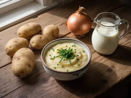 Eine Schale mit bayerischem Erdäpfelkas, garniert mit frischem Schnittlauch auf einem rustikalen Holztisch mit Kartoffeln. - Foto: über boerse-global.de