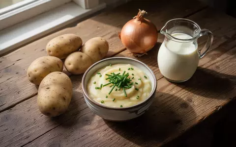 Eine Schale mit bayerischem Erdäpfelkas, garniert mit frischem Schnittlauch auf einem rustikalen Holztisch mit Kartoffeln. - Foto: über boerse-global.de