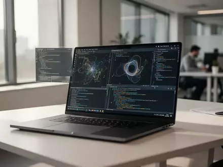 Moderner Arbeitsplatz mit einem Laptop, auf dem komplexe Datenstrukturen und Programmiercodes zu sehen sind. - Foto: über boerse-global.de