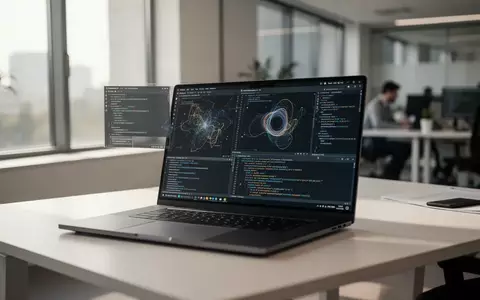 Moderner Arbeitsplatz mit einem Laptop, auf dem komplexe Datenstrukturen und Programmiercodes zu sehen sind. - Foto: über boerse-global.de