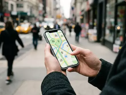 Eine Person hält ein Smartphone mit einer digitalen Kartenanwendung in der Hand, während sie durch eine städtische Umgebung geht. - Foto: über boerse-global.de