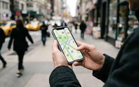Eine Person hält ein Smartphone mit einer digitalen Kartenanwendung in der Hand, während sie durch eine städtische Umgebung geht. - Foto: über boerse-global.de