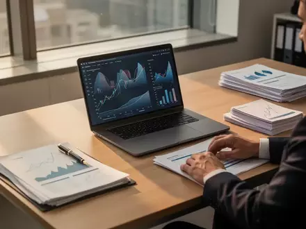 Ein aufgeräumter Schreibtisch mit einem Laptop und Finanzunterlagen in einem modernen Büro bei natürlichem Tageslicht. - Foto: über boerse-global.de