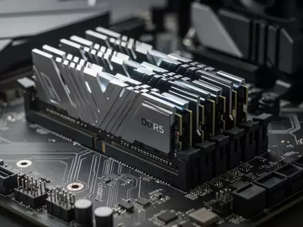 Nahaufnahme von DDR5-Arbeitsspeichermodulen auf einem Computer-Mainboard in einer technischen Umgebung. - Foto: über boerse-global.de