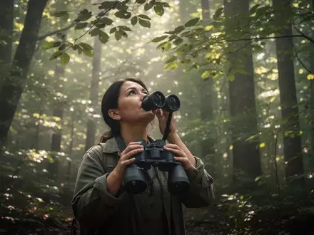 Eine Person steht in einem sonnendurchfluteten Wald und beobachtet mit einem Fernglas die Natur. - Foto: über boerse-global.de