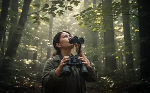 Eine Person steht in einem sonnendurchfluteten Wald und beobachtet mit einem Fernglas die Natur. - Foto: über boerse-global.de