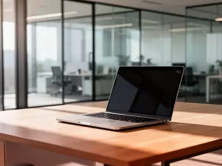 Ein minimalistischer Arbeitsplatz in einem modernen Büro mit einem Laptop auf einem Holztisch bei natürlichem Tageslicht. - Foto: über boerse-global.de