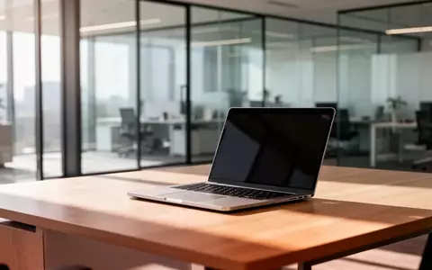 Ein minimalistischer Arbeitsplatz in einem modernen Büro mit einem Laptop auf einem Holztisch bei natürlichem Tageslicht. - Foto: über boerse-global.de