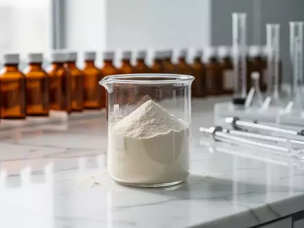 Feines, cremeweißes Kollagen-Peptidpulver in einem Glasbecher in einem modernen, hellen Laborumfeld. - Foto: über boerse-global.de