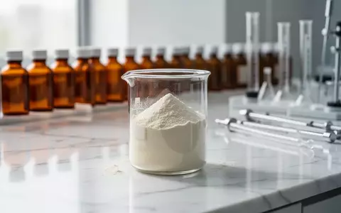 Feines, cremeweißes Kollagen-Peptidpulver in einem Glasbecher in einem modernen, hellen Laborumfeld. - Foto: über boerse-global.de