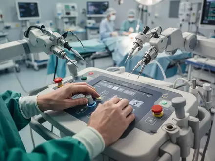 Ein Chirurg bedient die Konsole eines robotergestützten Operationssystems in einem modernen Operationssaal. - Foto: über boerse-global.de