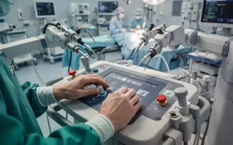 Ein Chirurg bedient die Konsole eines robotergestützten Operationssystems in einem modernen Operationssaal. - Foto: über boerse-global.de