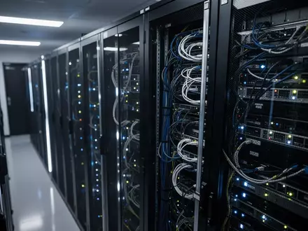 Moderne Serveranlage in einem Rechenzentrum mit blauem Licht und technischer Infrastruktur. - Foto: über boerse-global.de