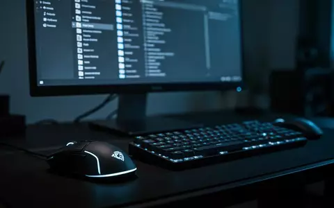 Ein dunkler Schreibtisch mit Gaming-Tastatur und Maus vor einem leuchtenden Computerbildschirm in einem abgedunkelten Raum. - Foto: über boerse-global.de
