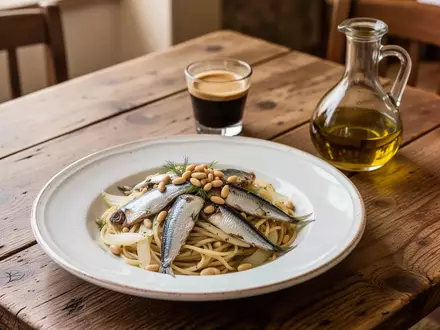 Ein frisch zubereitetes Pastagericht mit Sardinen und Fenchel auf einem Holztisch in einem italienischen Restaurant. - Foto: über boerse-global.de