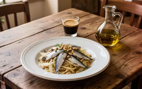 Ein frisch zubereitetes Pastagericht mit Sardinen und Fenchel auf einem Holztisch in einem italienischen Restaurant. - Foto: über boerse-global.de