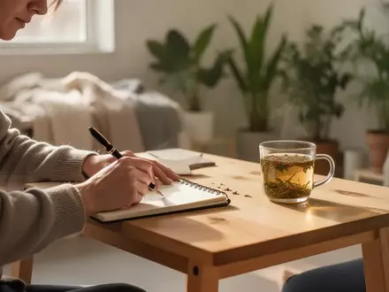 Eine Person schreibt konzentriert in einem hellen, minimalistischen Raum in ein Notizbuch, umgeben von Pflanzen. - Foto: über boerse-global.de