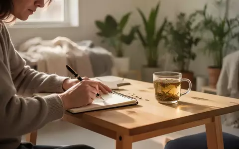 Eine Person schreibt konzentriert in einem hellen, minimalistischen Raum in ein Notizbuch, umgeben von Pflanzen. - Foto: über boerse-global.de