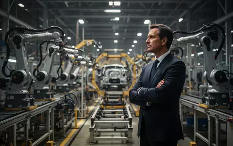 Ein Manager steht nachdenklich in einer modernen, gedimmten Montagehalle eines Automobilwerks. - Foto: über boerse-global.de