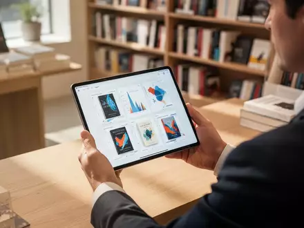 Ein Buchhändler arbeitet an einem Tablet mit digitaler Katalogsoftware in einem hellen, modernen Büro. - Foto: über boerse-global.de