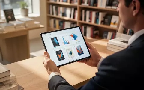 Ein Buchhändler arbeitet an einem Tablet mit digitaler Katalogsoftware in einem hellen, modernen Büro. - Foto: über boerse-global.de