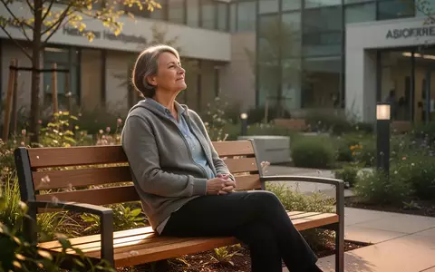 Eine pflegende Angehörige ruht sich entspannt in einem hellen, modernen Klinikgarten aus. - Foto: über boerse-global.de