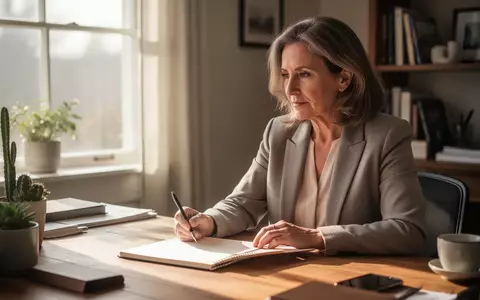 Eine Frau mittleren Alters sitzt nachdenklich an einem Schreibtisch in einem hellen, natürlich beleuchteten Raum. - Foto: über boerse-global.de