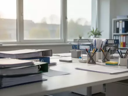 Ein heller, moderner Arbeitsplatz in einer deutschen Behörde mit Aktenordnern und Büromaterial auf einem Schreibtisch. - Foto: über boerse-global.de