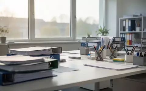 Ein heller, moderner Arbeitsplatz in einer deutschen Behörde mit Aktenordnern und Büromaterial auf einem Schreibtisch. - Foto: über boerse-global.de