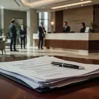 Rechtliche Dokumente auf einem Schreibtisch vor einem unscharfen Hotel-Empfangsbereich als Symbol für einen Arbeitsrechtskonflikt. - Foto: über boerse-global.de