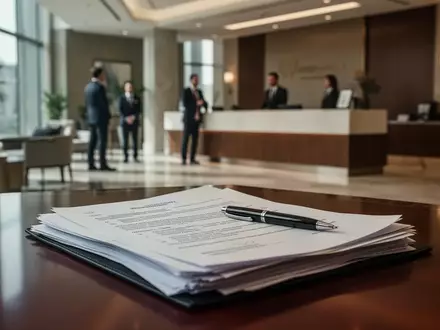 Rechtliche Dokumente auf einem Schreibtisch vor einem unscharfen Hotel-Empfangsbereich als Symbol für einen Arbeitsrechtskonflikt. - Foto: über boerse-global.de