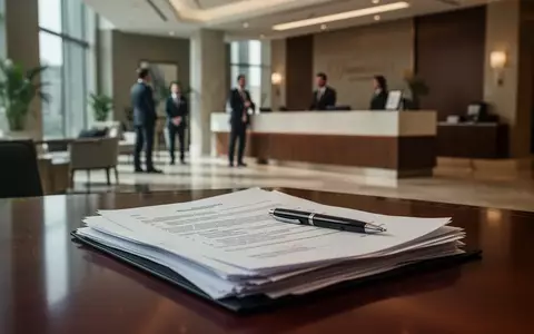 Rechtliche Dokumente auf einem Schreibtisch vor einem unscharfen Hotel-Empfangsbereich als Symbol für einen Arbeitsrechtskonflikt. - Foto: über boerse-global.de