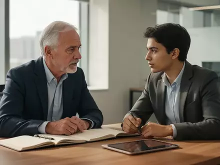 Ein erfahrener Mentor im Gespräch mit einer jüngeren Führungskraft in einem modernen Büro während eines Wissenstransfers. - Foto: über boerse-global.de