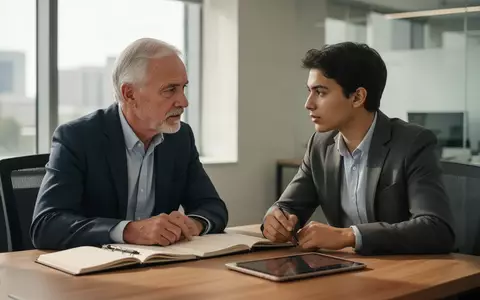 Ein erfahrener Mentor im Gespräch mit einer jüngeren Führungskraft in einem modernen Büro während eines Wissenstransfers. - Foto: über boerse-global.de