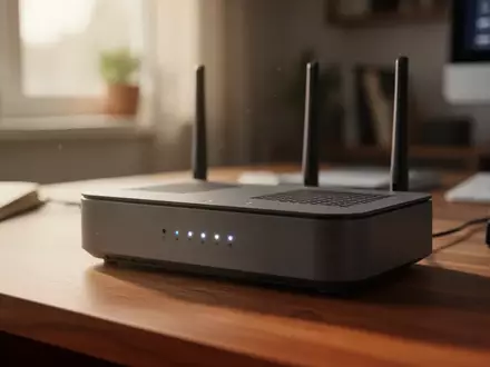 Nahaufnahme eines modernen Routers auf einem Schreibtisch mit Fokus auf die leuchtenden Status-LEDs. - Foto: über boerse-global.de