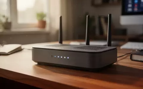 Nahaufnahme eines modernen Routers auf einem Schreibtisch mit Fokus auf die leuchtenden Status-LEDs. - Foto: über boerse-global.de