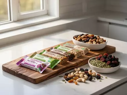 Proteinreiche Riegel auf einem Holztisch dekoriert mit Nüssen und Samen in einer hellen, modernen Küche. - Foto: über boerse-global.de