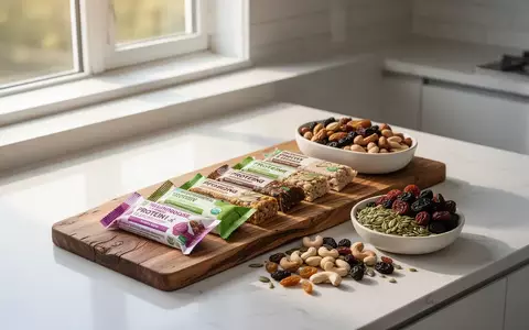 Proteinreiche Riegel auf einem Holztisch dekoriert mit Nüssen und Samen in einer hellen, modernen Küche. - Foto: über boerse-global.de
