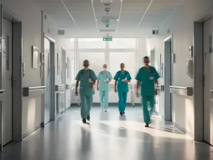 Ein heller, moderner Krankenhausflur mit medizinischem Personal im Hintergrund bei natürlichem Tageslicht. - Foto: über boerse-global.de