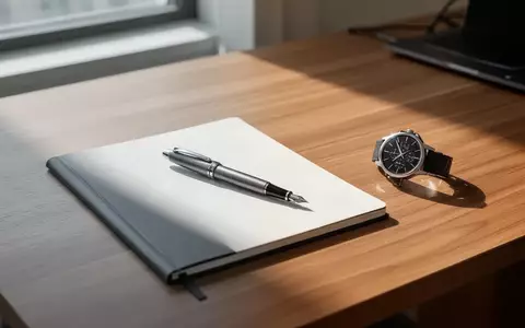 Ein minimalistischer Schreibtisch mit Notizbuch, Füller und Armbanduhr in natürlichem Tageslicht. - Foto: über boerse-global.de