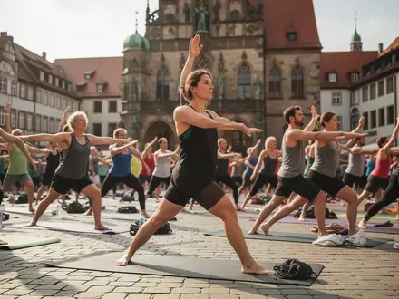 Menschen unterschiedlichen Alters nehmen an einem gemeinsamen Yoga- und Fitnesskurs auf einem belebten Marktplatz teil. - Foto: über boerse-global.de