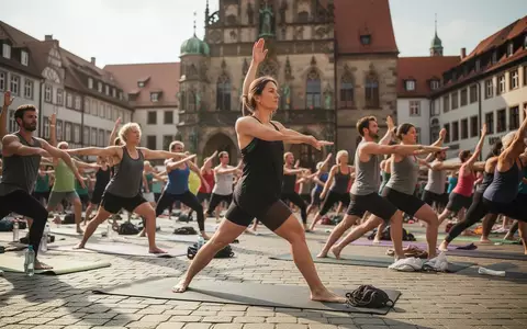 Menschen unterschiedlichen Alters nehmen an einem gemeinsamen Yoga- und Fitnesskurs auf einem belebten Marktplatz teil. - Foto: über boerse-global.de