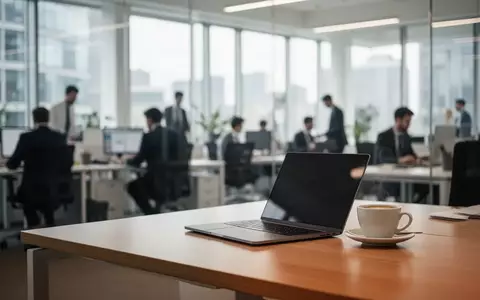 Ein modernes Büro in London mit verschwommenen Silhouetten von Fachkräften und einem fokussierten Arbeitsplatz. - Foto: über boerse-global.de