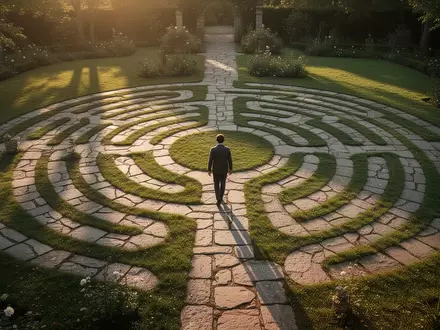 Eine Person geht bei goldenem Sonnenlicht langsam durch ein steinernes Labyrinth in einem Garten. - Foto: über boerse-global.de