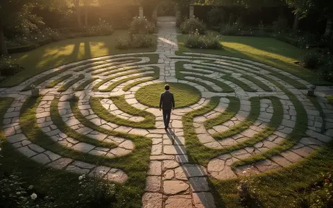 Eine Person geht bei goldenem Sonnenlicht langsam durch ein steinernes Labyrinth in einem Garten. - Foto: über boerse-global.de