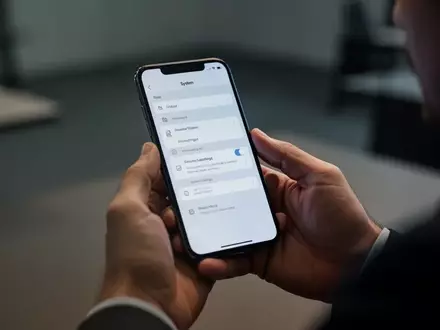 Nahaufnahme einer Person, die ein modernes Smartphone in einem Büro hält, während sie komplexe Systemeinstellungen prüft. - Foto: über boerse-global.de