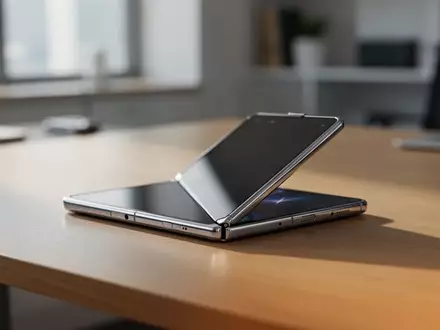 Ein schlankes, faltbares Smartphone liegt halb aufgeklappt auf einem minimalistischen Holztisch bei natürlichem Licht. - Foto: über boerse-global.de
