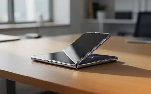 Ein schlankes, faltbares Smartphone liegt halb aufgeklappt auf einem minimalistischen Holztisch bei natürlichem Licht. - Foto: über boerse-global.de