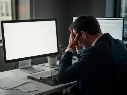 Ein besorgter Investor sitzt an einem Schreibtisch vor einem leeren Computerbildschirm in einem modernen Büro. - Foto: über boerse-global.de